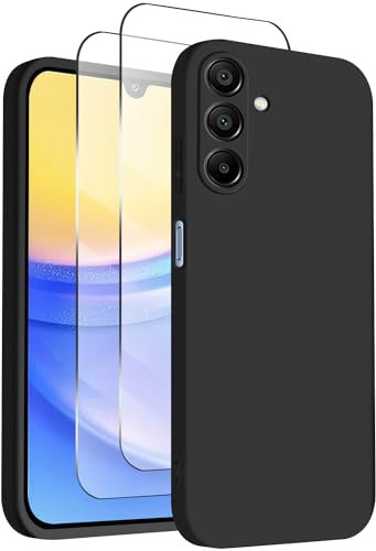 ISOI - Cover per Samsung Galaxy A15 4G/5G, Custodia Morbida in Silicone Liquido, 2 Pack Pellicola Protettiva Vetro Temperato, Protezione Completa Antiurto Ultra Sottile per il Corpo - Nero