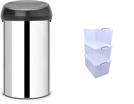 Brabantia 60 Litre Large Kitchen Touch Bin (Brilliant Steel/Matt Black Lid) Removable Lid & Really Useful Plastic Nestable Storage Box 83 Litre Clear (Pack of 3)