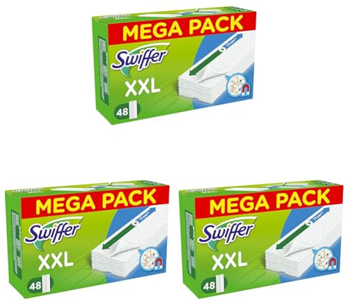 Swiffer Dry XXL Chiffons Anti-Poussière, 48 Lingettes, Capture et Piège à Poussière et Saleté, Idéal pour les Poils d'Animaux, pour Tous les Types de Sols, Grande Taille (Lot de 3)