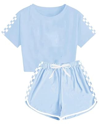 XINYUNZU Retourenware Kinder Kleidung Kinderkleidung Anzug Set Trainingsanzug Tshirt mit Shorts Sommer Casual Klamotten Bekleidungssets für Mädchen und Jungen 5-14 Jahre Himmelblau 13 Jahre