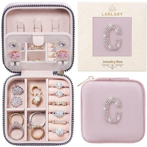 Larlary Reise Schmuckkästchen, Reise Schmuckkästchen für Ringe, Ohrringe, Halsketten und Armbänder mit Buchstaben - Rosa (C)