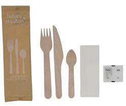 250 kits de couverts en bois 6 en 1 – Fourchette 16 cm + couteau 16 cm + cuillère à dessert + sel + poivre + serviette 1 pli