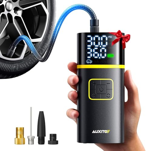 AUXITO Mini Pompe à vélo,avec manometre,Pompe à vélo électrique 120 PSI avec adaptateurs de Valve Presta et Schrader,arrêt Automatique,Accessoire pour vélo de Route,VTT,vélo électrique, Moto