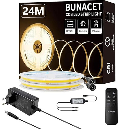 BUNACET 24M COB LED Strip Warmweiss Set 3000K 24V LED LED Strip Light für 324 LEDs/m CRI90+ Flexibel LED Band Beleuchtung für Schlafzimmer, Wohnzimmer, Gaming Zimmer Wohnzimmer, Schrank, Innen