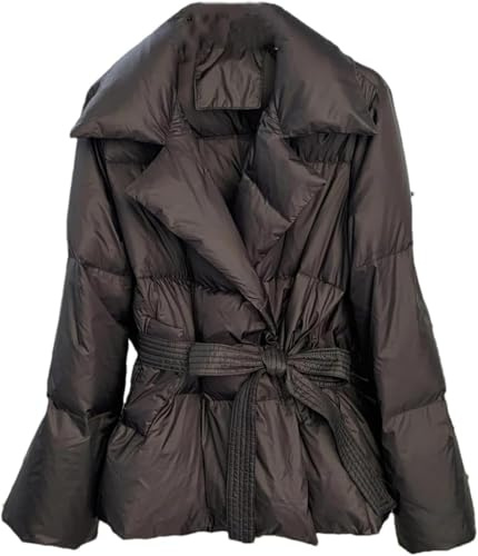 Yancremio Verdickte warme Daunenjacke für Damen mit Gürtel in der Taille Modische lässige Herbst und Winterjacke mit Revers Lockere einfarbige weiche Flauschige Jacke