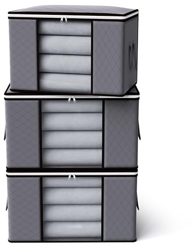 90L Storage Bags with Lid and Zips,3 Pack Foldable Storage Box with Reinforced Handle Thick Fabric Clear Window for Clothing Bedding Blankets, Grey