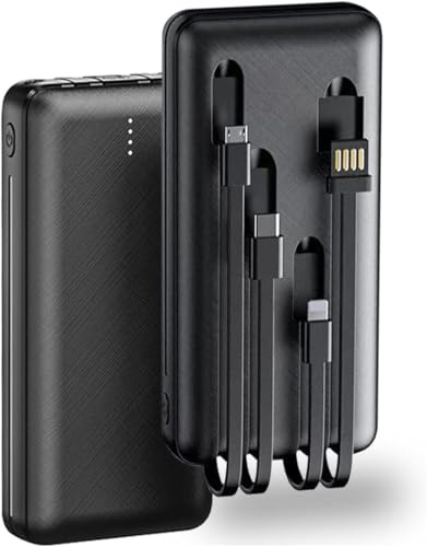 Power Bank Built-in Cable, 20000mAh Fast Charging Portable Charger with Flashlight & 4 Outputs,USB C External Battery Pack for iPhone 14/13/12, Android, iPad,Tablet (Black)
