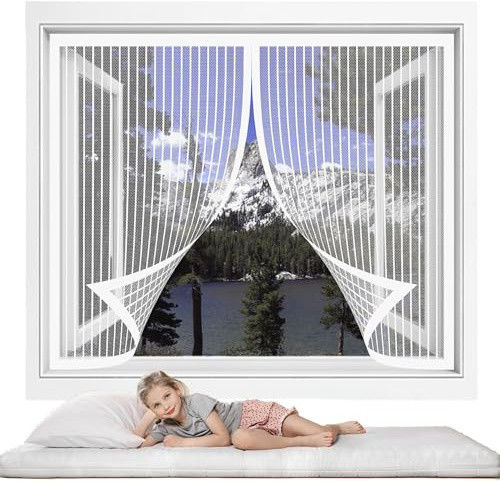 Zanzariera per Finestre Magnetica 128 x 131 cm Tende Zanzariere con Calamita per Finestre Facile da Installare Senza Fori per di Diverse Dimensioni, Bianco