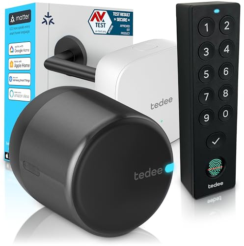 Tedee GO2 Smart Lock Schloss mit WiFi, Bridge und biometrisches Keyboard Keypad Pro, Entriegelung mit Fingerabdruck, Code oder App, Fernzugriff, Alexa Google, Nachrüstung elektronisches Schloss