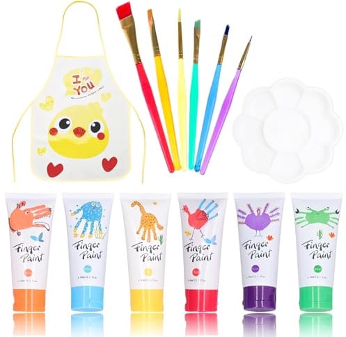 Fingerfarben Für Kinder Set (6 Farben Fingerfarben Kinder Ungiftig, Pinsel*6, Palette*1, Malschürze*1), Auswaschbar, Geeignet Als Geschenk Zur Früherziehung Von Kindern, Handgemachte Malerei