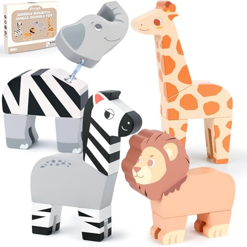 Joyreal Magnetic Jungle Animals Toy Play Set, Connectable Wooden Building Blocks Play Set Toy for Preschool Boys And Girls Ages 1-5(16 Pcs)