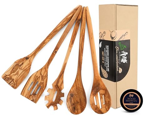 Olive Wood Kitchen Utensil Set – 5 Premium Handcrafted Wooden Cooking Tools (13.8” Each), Eco-Friendly, Durable Utensils for Stirring, Mixing, and Serving