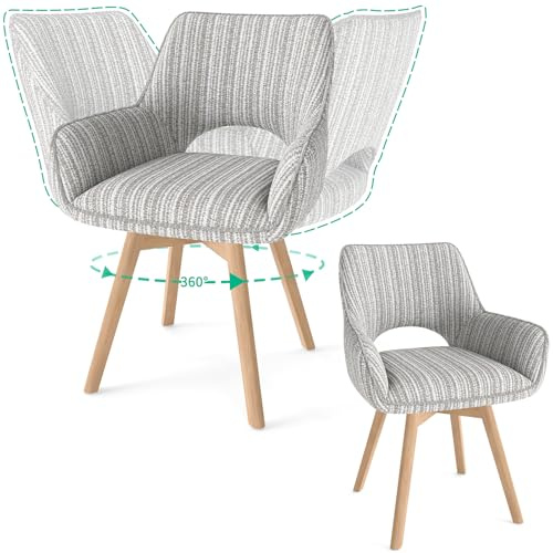 WAFTING 2er Set Esszimmerstuhl Drehbar mit Armlehne und Holzbeinen, 360° Drehbar, Moderner Polsterstuhl mit Stoffrückenlehne für Küche, Wohnzimmer, Schlafzimmer, Hellkaffee
