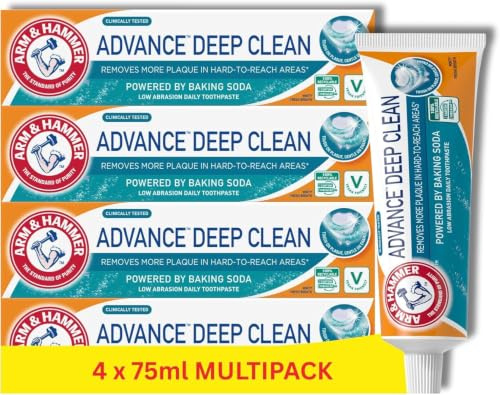 Arm & Hammer Advance Deep Clean Toothpaste, Deep Cleaning, 4 x 75ml | Baking soda formula, Reaches between teeth and hard-to-reach areas, Removes plaque, Freshens breath, For daily use