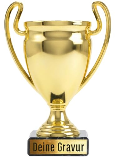 Pokal mit Gravur (16 cm) auf echtem Marmorsockel – Kleiner Kinder-Pokal als Siegertrophäe – Personalisierte Gold-Auszeichnung für Sport & Wettbewerbe