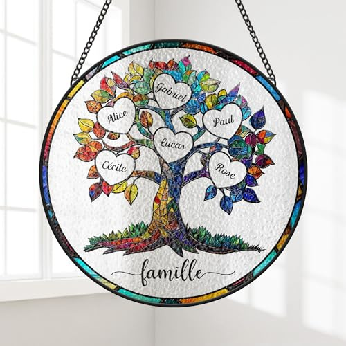 Cadeau Plus Attrape-Soleil Personnalisé - Tournesol De Mamie Maman - Attrape Soleil Vitrail, Attrape Soleil Cristal Suspendu, Attrape Reve Lumineux, Arbre De Vie Decoration (Modèle #2)
