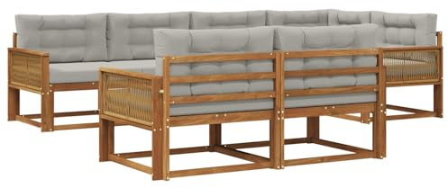 vidaXL Outdoor-Sofagarnitur mit Kissen 7 pcs Natur und Hellgrau, Terrasse, modernes Outdoor-Möbelset, wetterfeste Garten-Sofa-Garnitur, Flexible Design-Sitzgelegenheiten aus Akazienholz