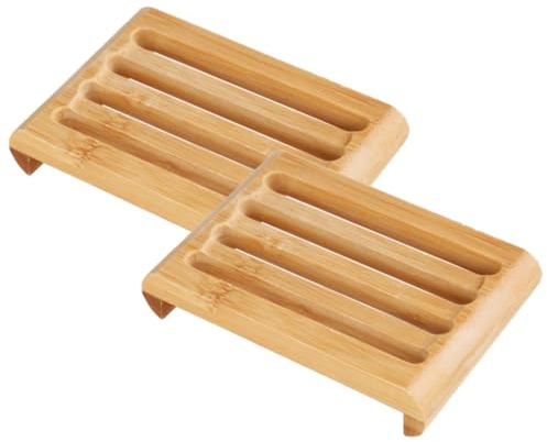 WESIEVYA Jabonera de Bambú Natural para Cocina y Baño, Bandeja de Jabón Diseño Autodrenante y Fácil Limpieza, Set de 2 Piezas para Fregadero