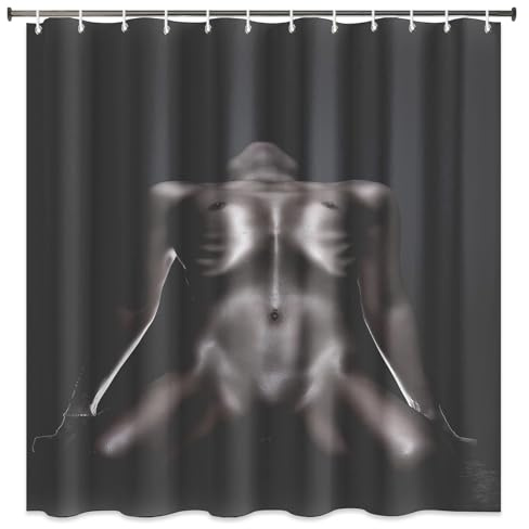 Generisch Duschvorhang 200x200 cm Sexy Schwarze Frau, Duschvorhänge Moderne Nackt Kunst, Wasserabweisend Polyester Stoff, Waschbarer Badevorhang mit Haken für Badzimmer Badewanne Dekor 4kf12