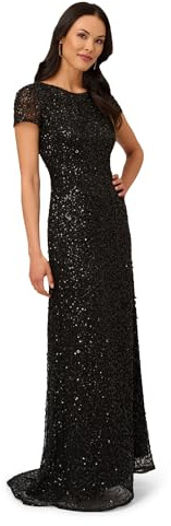 Adrianna Papell Women's Short-Sleeve All Over Sequin Gown Dress, Black, 10