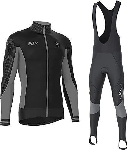FDX Men's Thermodream Winter Cycling Suit - Italian Thermal Roubaix Windproof Clothing Set - Long Sleeve Jersey with 3D Padded Bib Tight for Biking, Bicycle Riding, Outdoor Sports (Grey-L)