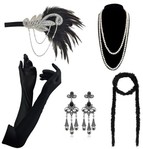 DRESHOW 1920s Flapper Accessoires Set Damen Kostüm Gatsby Feder Lange Halskette Handschuhe Stirnband Funkelnde Ohrringe