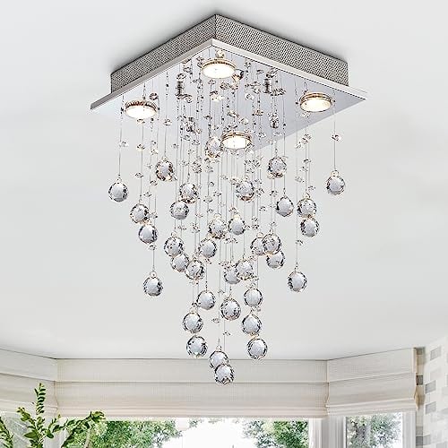 BESTIER Moderne Kristall Regentropfen Kronleuchter Beleuchtung Unterputz LED Deckenleuchte Leuchte Pendelleuchte für Esszimmer Badezimmer 4 GU10 LED Birnen Erforderlicher Durchmesser 30cm Höhe 50 cm