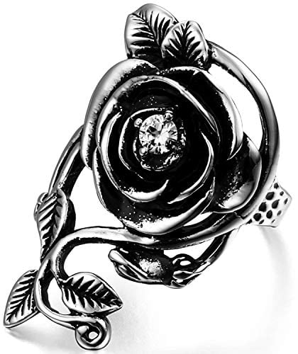 OIDEA Vintage Edelstahl Ringe, Rose Blume Rebe Ehering Damen Frauen Verlobungsring, schwarz Silber - Ringgrößen 59 (18.8)