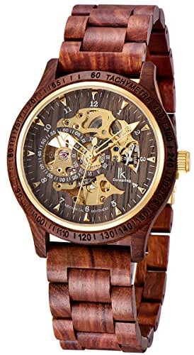 Alienwork Automatikuhr Armbanduhr Herren Rot Holz-Armband Schwarz Skelett Natur-Holz