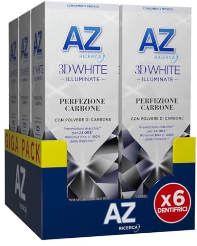 AZ Ricerca Dentifricio 3d White Illuminate Express Whitening, Perfezione Carbone, Sbianca Rapidamente, Fluoro Nutriente Rinforza Lo Smalto, Prevenzione Macchie Per 24h, Menta Piperita Fresca,6x50ml
