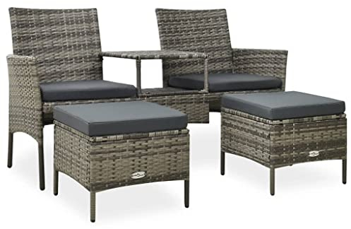 vidaXL Gartensofa 2-Sitzer mit Teetisch Hocker Gartenmöbel Gartenbank Sitzbank Sitzgruppe Gartenset Balkonset Sofa Bank Poly Rattan Grau