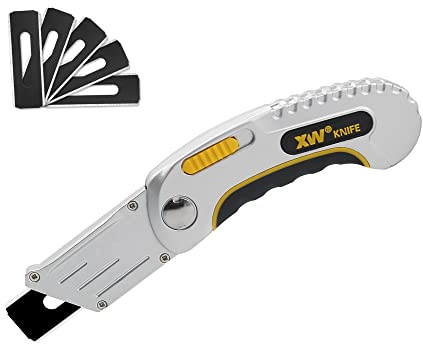XW Folding Carpet Knife, Razor Blade Heavy Duty Utility Knife with Protective Cap, Extra 5 Blades Included