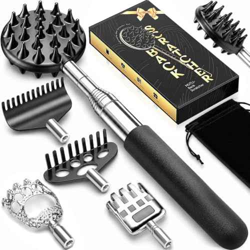 TUKUOS Telescoping Back Scratcher with 5 Detachable Scratching Heads, Rubber Handles, Anniversary Birthday Gifts for Men Women Back Scratcher for Men/Dad/Women/Adults