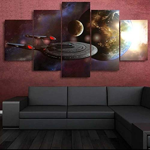 5 Teile Bild Auf Leinwand Leinwandbilder Star Trek USS Enterprise Gerahmt Wandkunst Tapete Dekorative Wandbild Für Wohnzimmer Home Decor 100X55 cm (Mit Rahmen)