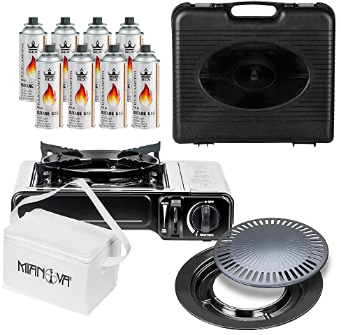 Mianova Campingkocher Outdoor Gaskocher Notfallkocher BBQ Anzünder Grill Gaskartuschen Gas Kocher Herd 1 flammig Set Grillplatte Camping Koffer Grillplatte + 8 Gasflaschen