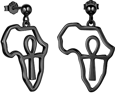 Schwarz Vergoldet Ägypten Ankh Afrika Karte Ohrstecker für Männer Damen 925 Sterling Silber Afrikanische Karte Ankh Kreuz Ohrhänger Minimalistische Statement Ohrringe Afrika Schmuck mit Box FE144K