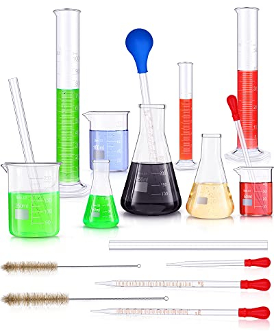 18 Pieces Lab Glassware Set Beaker Flask Cylinder Set Includes 3 Glass Beakers 3 Erlenmeyer Flasks 3 Graduated Measuring Cylinders with Droppers Brushes and Glass Stirring Rod for Lab Experiment