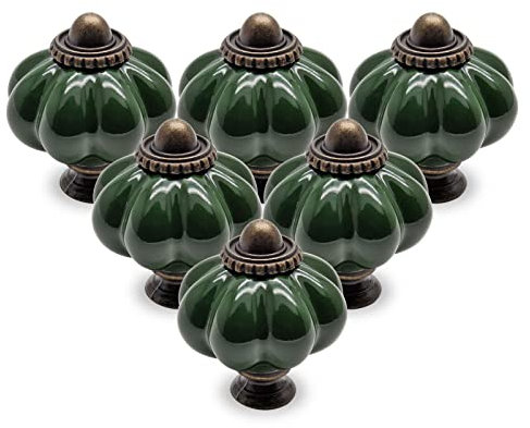 Seimneire 25pcs Dark Green Pumpkin Knobs, Vintage Ceramic Cabinet Handles, Dresser Drawer Door Pulls With Mounting Screws