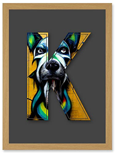 Wee Blue Coo Letter K Dog Face Yellow Decorative Graffiti Mural Alphabet Initial Stencil Artwork Framed Wall Art Print A4