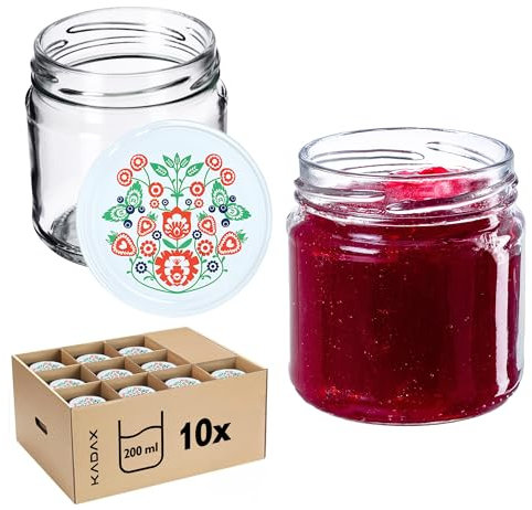 KADAX Lot de 10 petits bocaux à confiture, ronds, 200 ml, diamètre : 66 mm, pour miel et épices, bocaux hermétiques, pots de conservation (folklore)