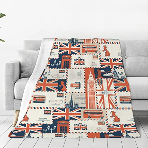 Oplp UK and London Theme Throw Blanket for Bed Sofa Couch Envelopes Symbols Flag Retro Style Fleece Blankets Lightweight Soft Cozy 127 cmx101.6 cm