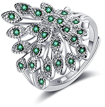 Ringe Frauen Silber 925 Damen Breit Glitzer Pfau Eröffnungsbildschirm Schlicht Ringe Bling Zirkonia Fingerring Verlobungsring Eheringe Verstellbar (Grün)
