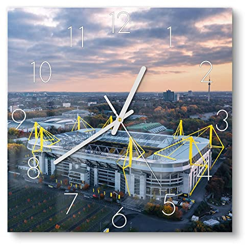DEQORI Glasuhr | 30x30 cm | Motiv Signal Iduna, Dortmund | ausgefallene leise Design Uhr aus Glas | Wanduhr für Wohnzimmer & Küche | Moderne Hingucker Uhr für die Wand
