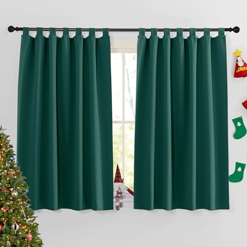 PONY DANCE Kurze Vorhang Isolierend Kälteschutz Verdunkelungsvorhang Blickdicht Fenstergardinen Kinderzimmer Junge Küchengardinen Schlaufenschal 2er Set H 145 x B 140 cm, Dunkelgrün