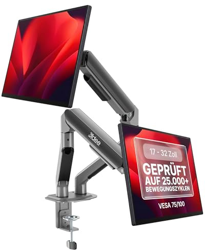 3IDEE Doppel Monitor Halterung 2 Monitore 27 Zoll, 17-32 Zoll – je 9 kg – höhenverstellbar & voll beweglich – VESA 75/100 Monitorarme – Tisch Halterung mit Kabelkanal – 2 Montageoptionen Schreibtisch