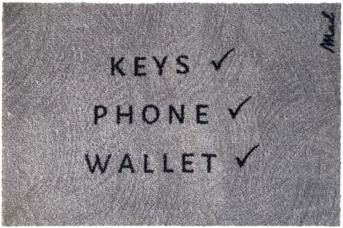 Mad about Mats Fußmatte Brick, Türvorleger, Schmutzfangmatte, Outdoor und Indoor, Grau, mit Spruch Keys Phone Wallet, nie Wieder den Hausschlüssel vergessen, waschbar, rutschfest, 50 x 75 cm