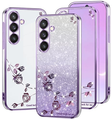 Kainevy Custodia per Samsung Galaxy A54, 5 g, con brillantini, trasparente con brillantini, per Samsung A54, 5 g, in silicone morbido TPU, motivo floreale, 2 in 1, separabile, rosa sottile (viola)