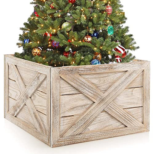 GYMAX Wooden Tree Collar Box, Christmas Tree Skirt Stand Cover with Hook and Loop Fasteners, Farmhouse Xmas Rustic Weathered Wood Decoration (60 x 57 x 37 cm, Brown)