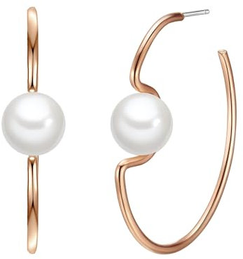 Lulu Jane Damen Ohrringe aus Metall-Legierung mit rund Muschelkernperle ca. 10 mm Perlenohrcreolen roségold