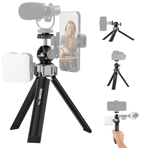 NEEWER Mini Desk Tripod Compatible with iPhone Gopro DJI Phone DSLR Camera, with Ball Head 360° Rotatable 3 Cold Shoe Mounts, Metal Portable Table Tripod for Travel Vlogging Recording, TP31